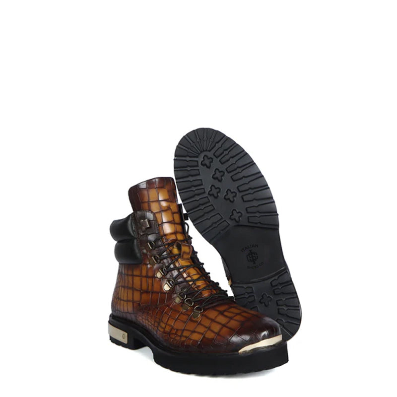 Croco Deep Cut Leather Lace-UP Ankle Boot Tan