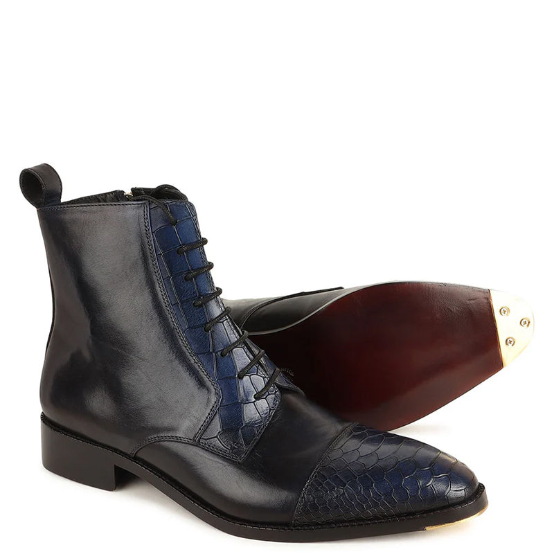 Luxury Croco Leather Cap-Toe Side-Zipper Boot Black & Blue