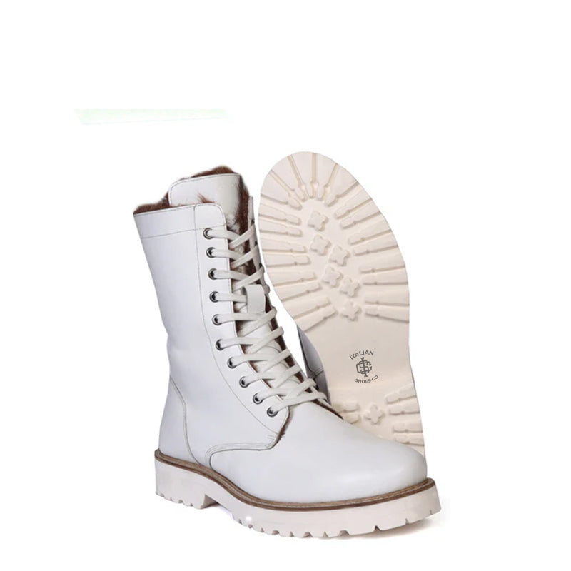 Men Chunky High Leather Ankle White Boot