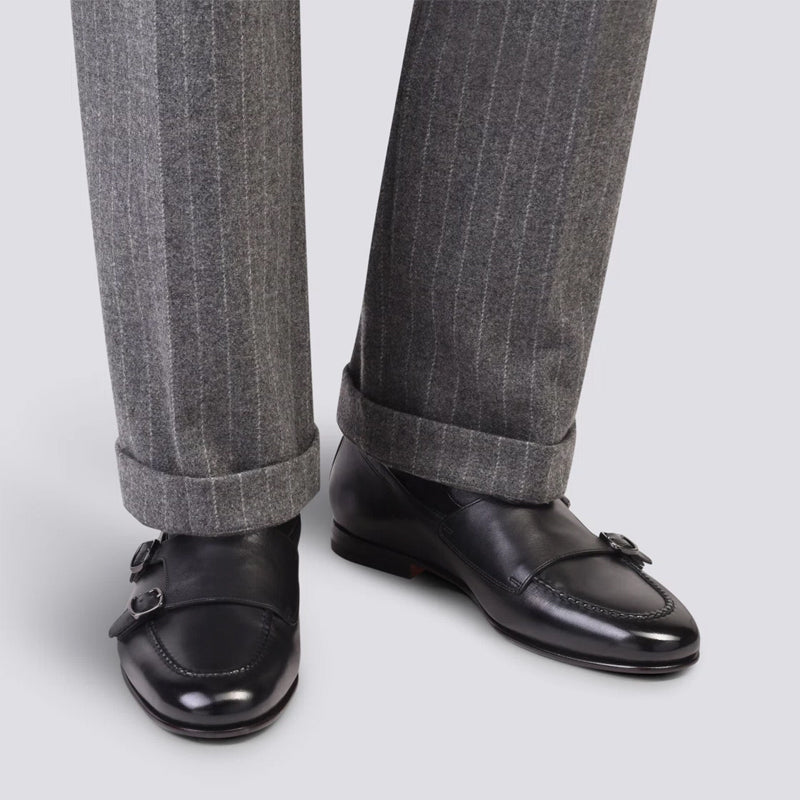 Men Blue Polished Double Buckle Leather Loafer