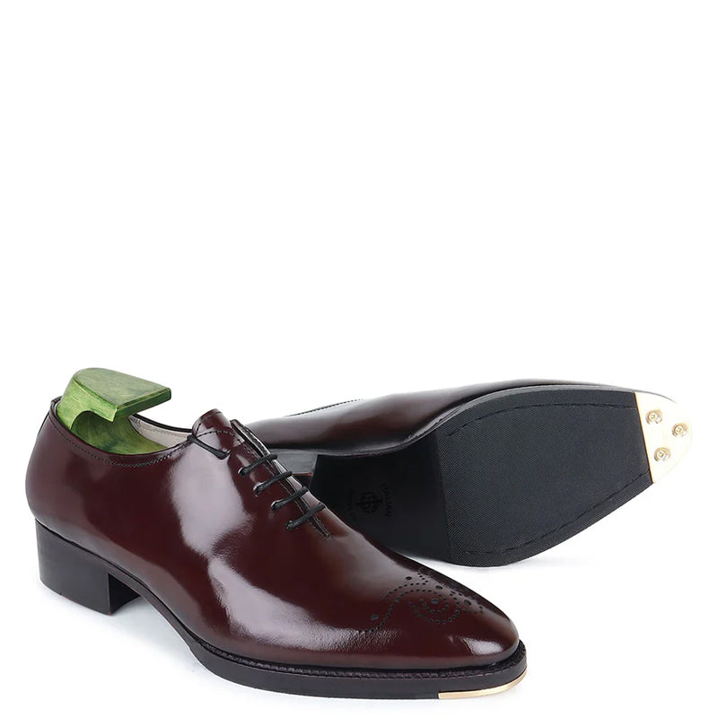 Classic Wholecut Shiny Leather Oxford Burgundy Shoe With Metal Toe