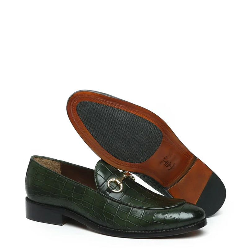 Croco Leather Horse-bit Buckled Green Loafer