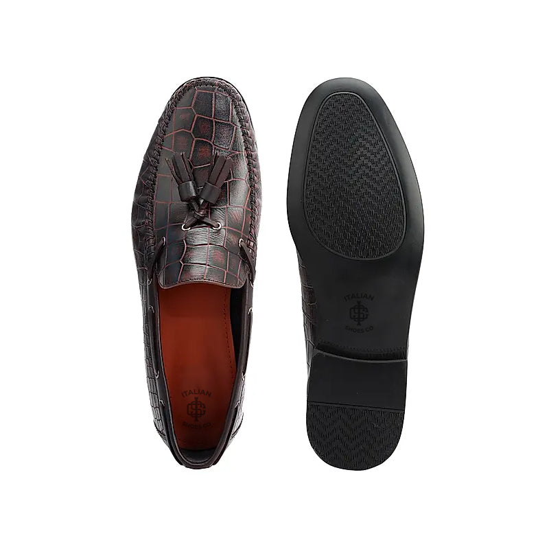 Crocodile Pattern Side Lacing Leather Tassel Loafer Black