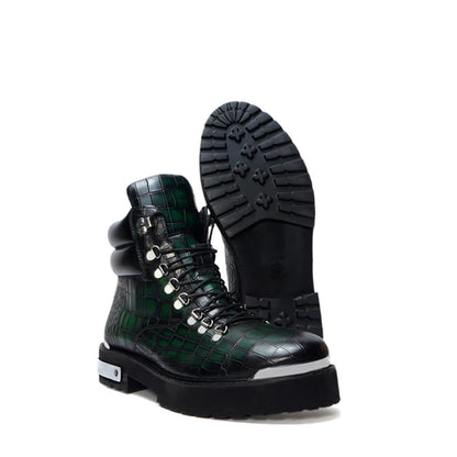 Croco Deep Cut Leather Lace-UP Ankle Boot Burgundy