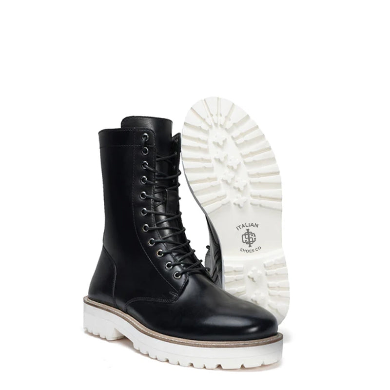 Men Chunky High Leather Ankle White Boot