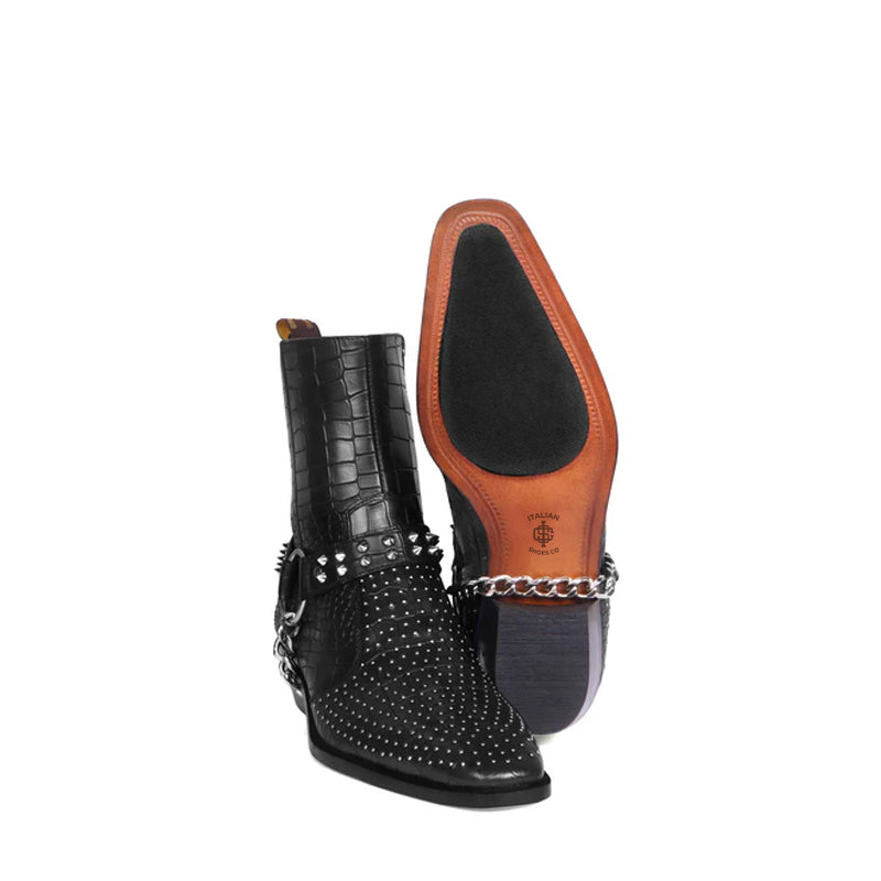 Croco With Silver Studded Buckle Side-Zipper Chain Boots