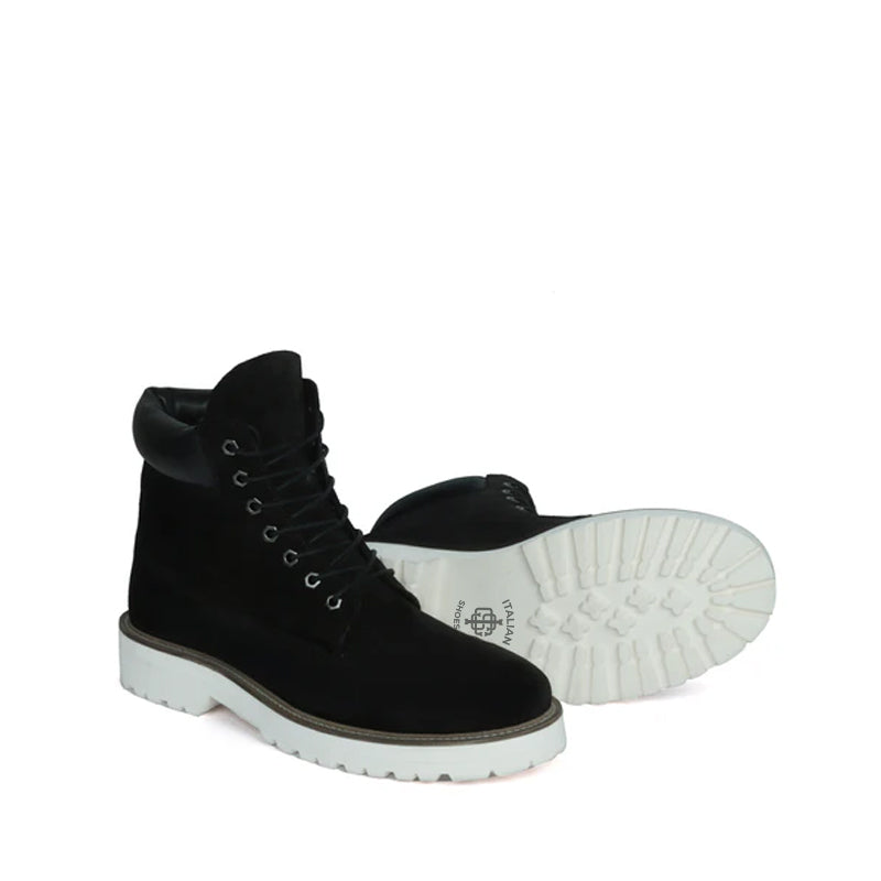 Suede Leather Lace-Up Biker Black Boot