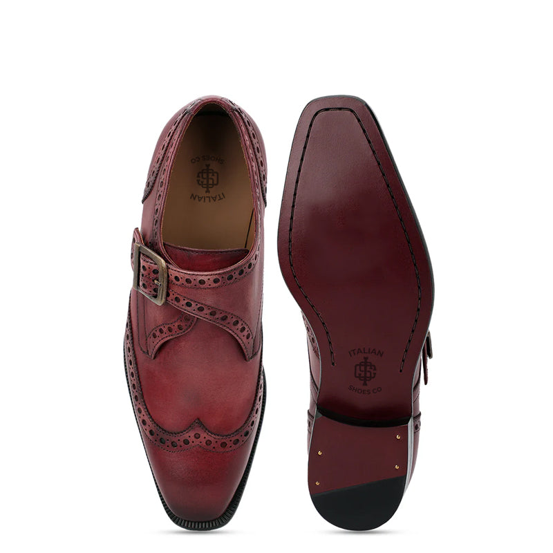 Leather Single Monk Strap Burgundy Shoe For Men