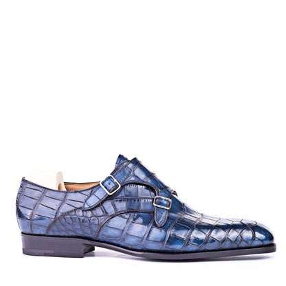 Men Leather Croc Print Double Monk Strap Shoe