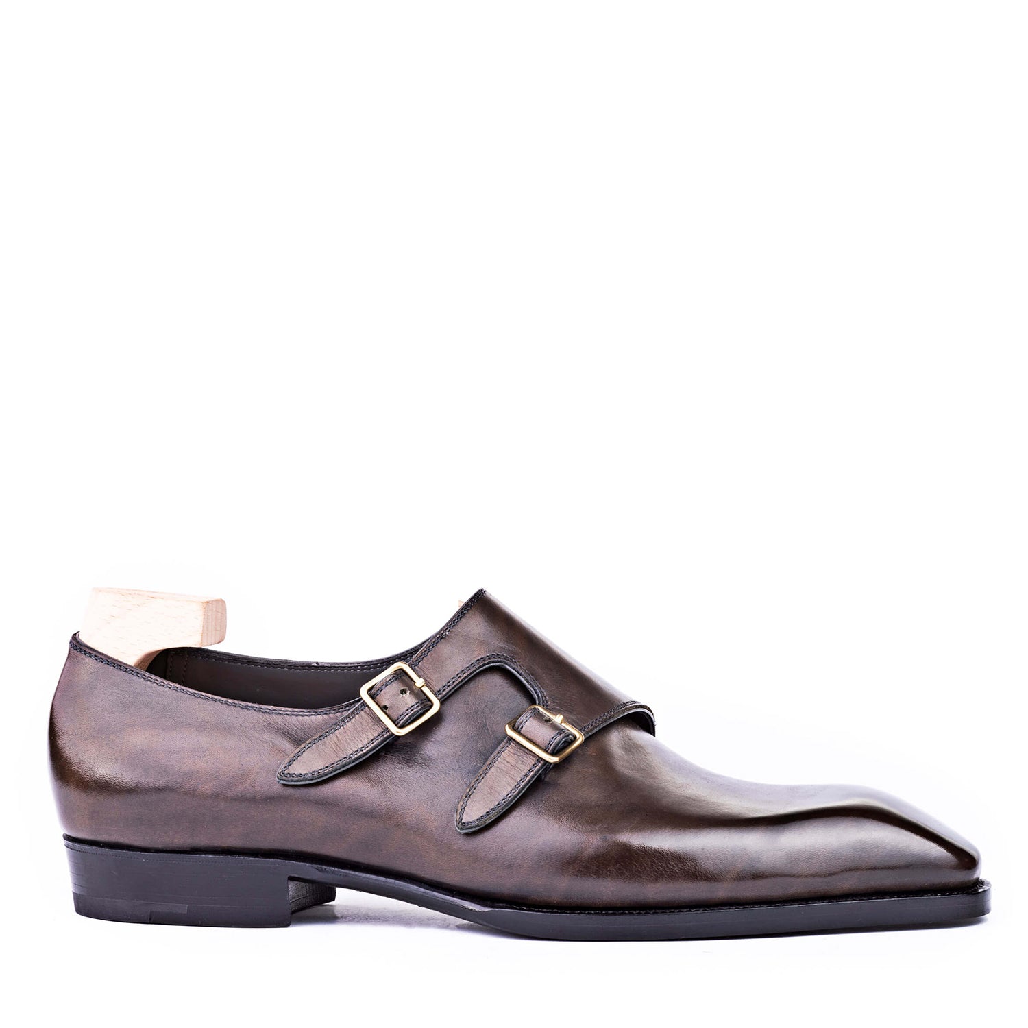 Classic Shiny Leather Double Monk Strap Tan Shoe