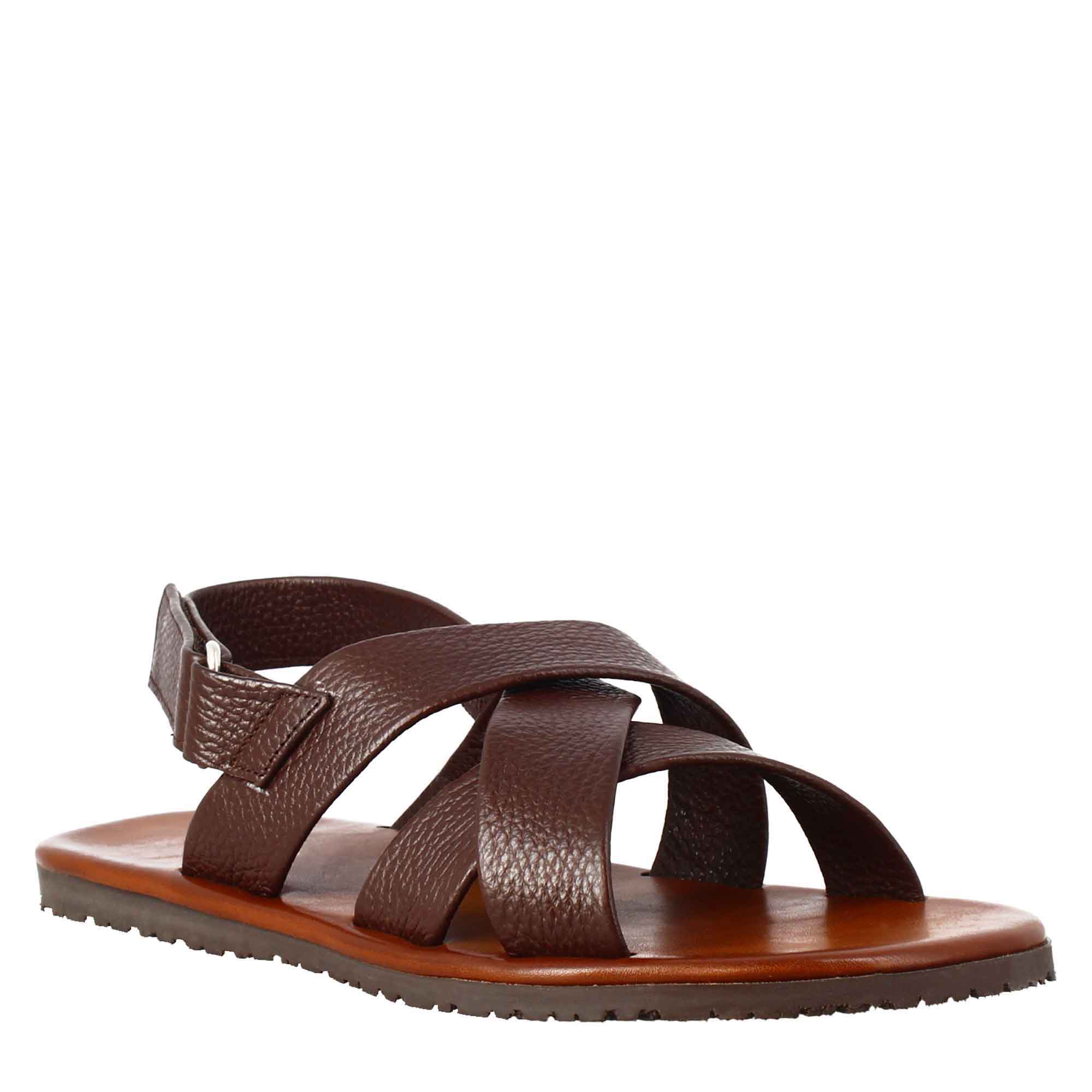 Men's sandals in Brown leather with velcro closure