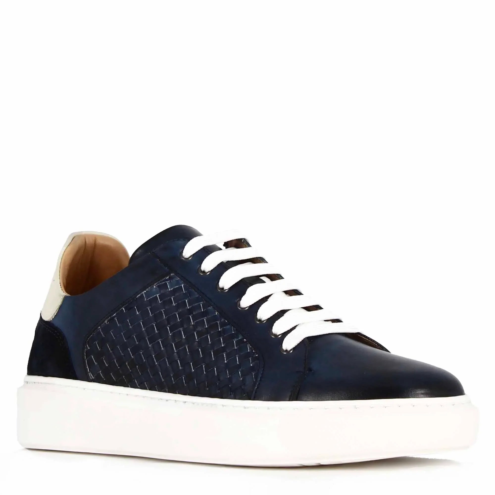 Men's Casual Trainer In Woven Leather Blue Colour