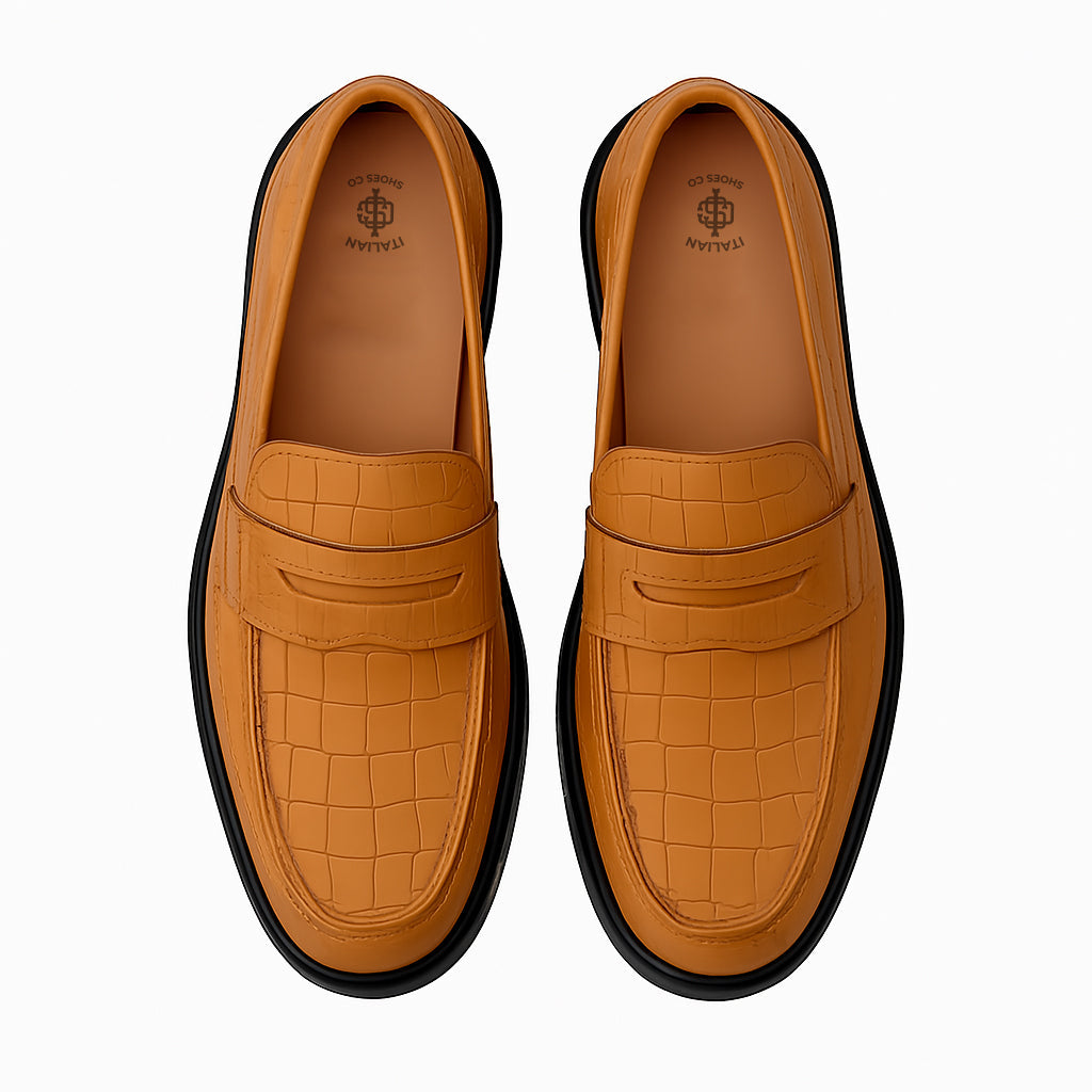 Croco Leather Printed Loafers Tan